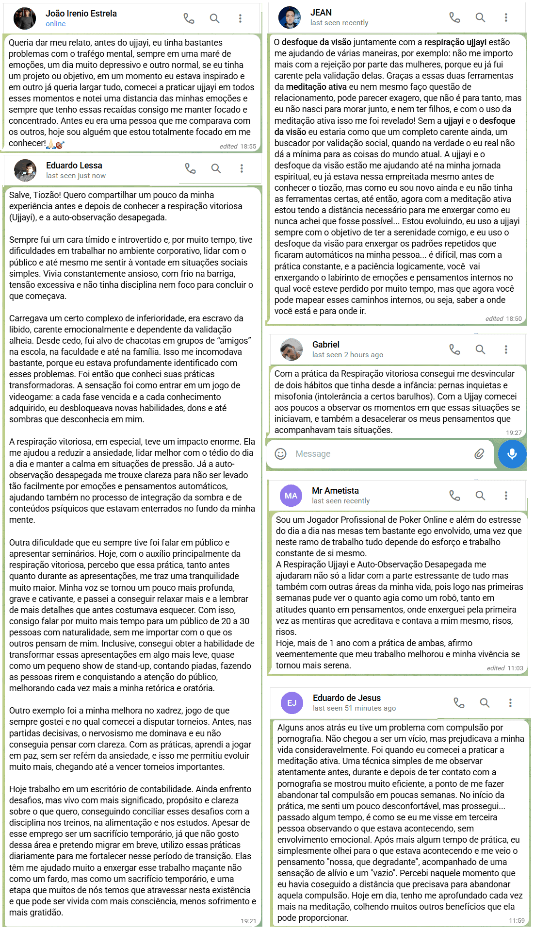 Prints de depoimentos e conversas no grupo